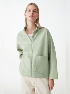 COS Boiled Wool Light Sage Zip-Front Teddy Jacket S